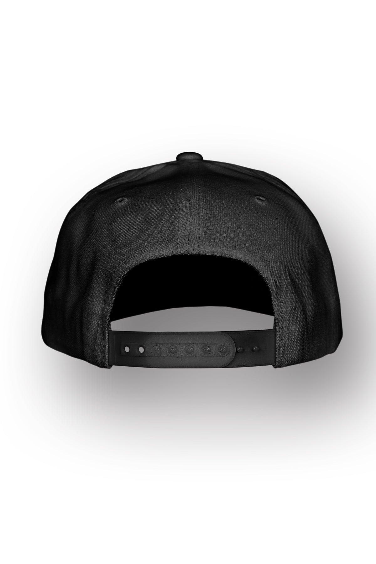 A black Snapback hat resting on a white background, backwards showcasing the the adjustable snap.