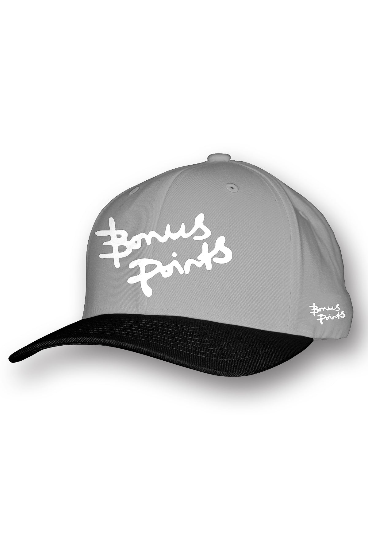 A Gray and black two tone Snapback hat resting on a white background, angled slightly to the right showcasing the Bonus Points Logo in white across its structured front, and smaller Bonus Points logo on the bottom left side. The simplicity of the design highlights the clean lines and classic style of the hat.