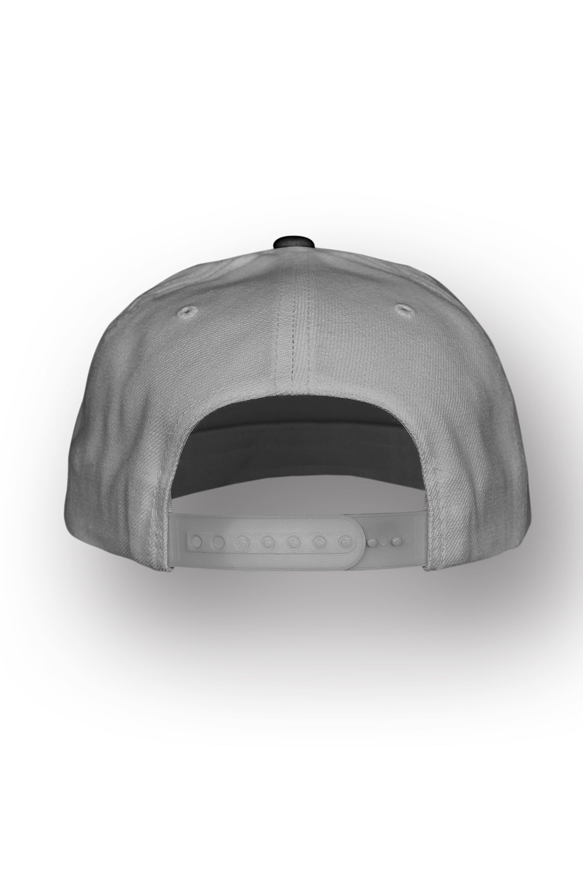 A Gray Snapback hat resting on a white background, backwards showcasing the adjustable snap.
