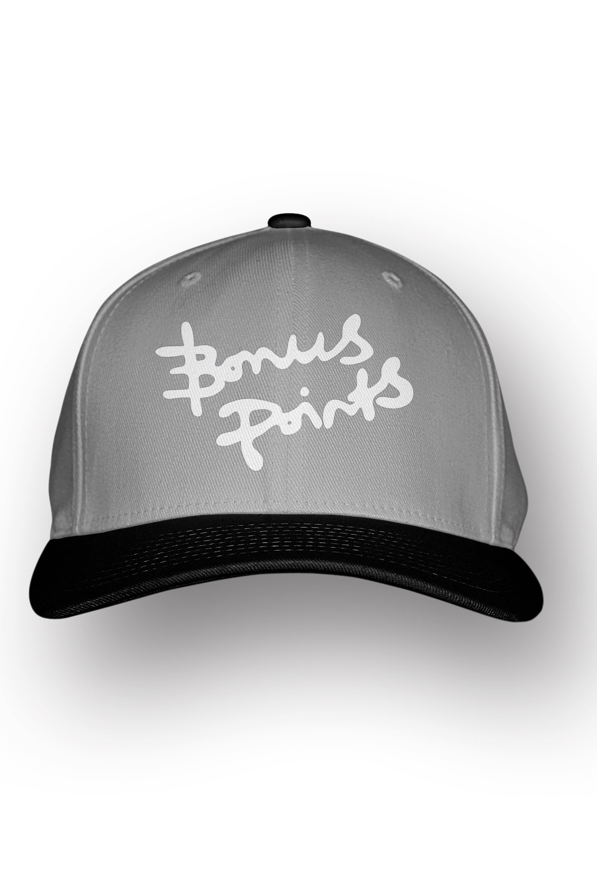 A Gray and black two tone Snapback hat resting on a white background, showcasing the Bonus Points logo in white across its structured front. The simplicity of the design highlights the clean lines and classic style of the hat.