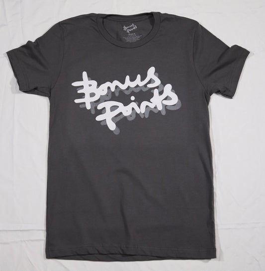Flat lay of a Gray T-shirt in a soft fabric, displayed on a clean white background. The T-shirt features the Bonus Points Logo across the chest in white ink, with a  gray drop shadow.