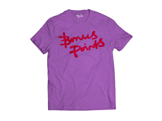 Pic of Purple t-shirt with infrared bonus points logo screen printed on the front 