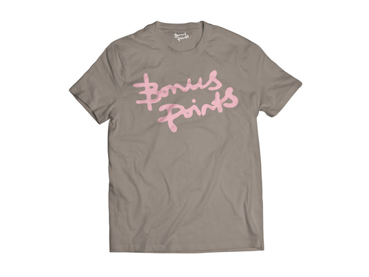 Pic of Brown t-shirt with pink bonus points logo screen printed on the front