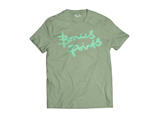 Pic of Sage green  t-shirt with mint green  bonus points logo screen printed on the front 
