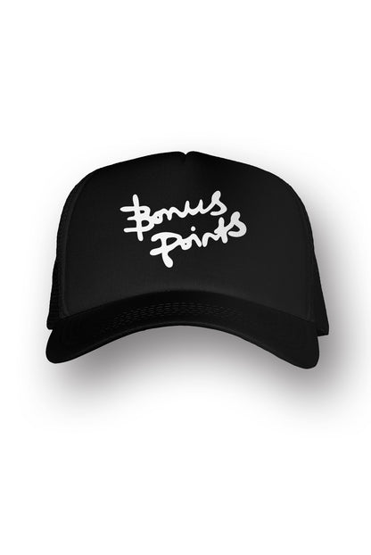 Front View of Black “Extra Credit” SnapBack Hat With Bonus Points logo in white puff embroidery Across front panel. 