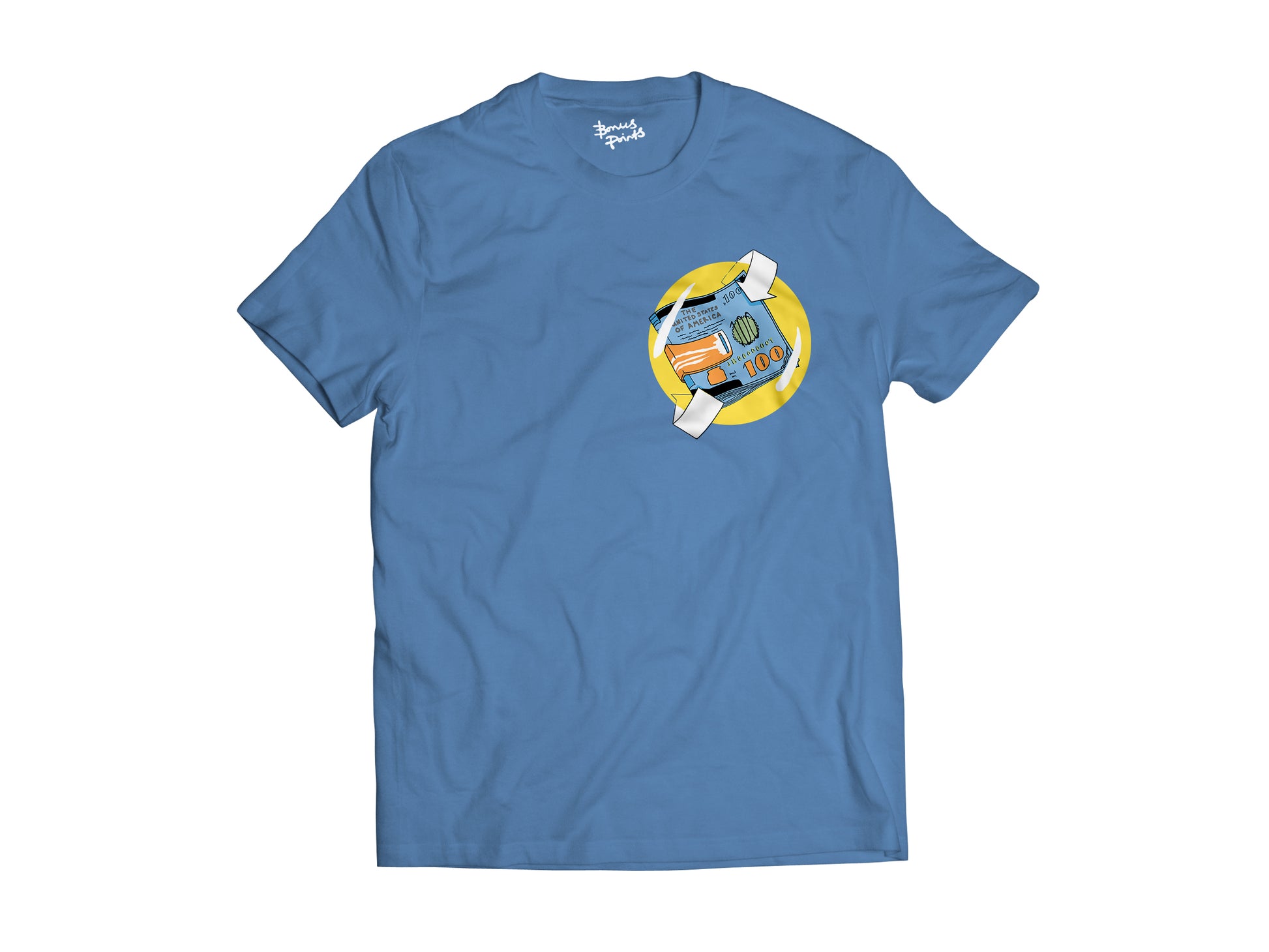 Flat lay of blue PowerBall t-shirt front 