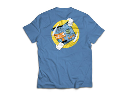 Flat lay of blue PowerBall t-shirt back 