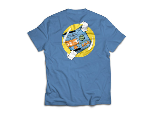 Flat lay of blue PowerBall t-shirt back 