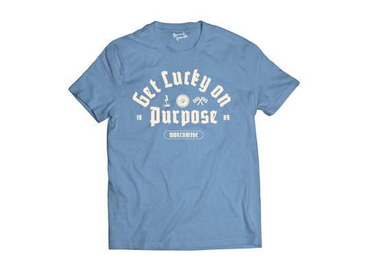 Flat lay of blue get lucky on purpose t-shirt 