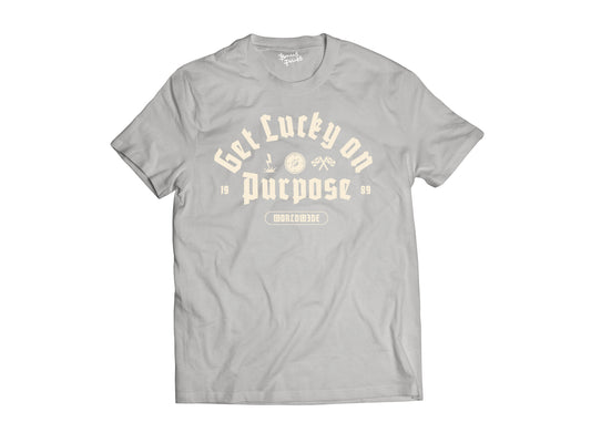 Flat lay of the Gray get lucky on purpose t-shirt 