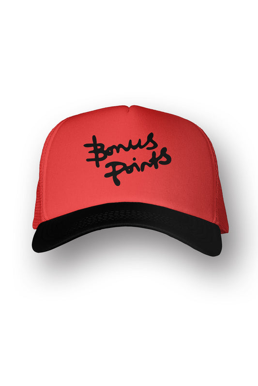 Front View of Red and Black “Extra Credit” Trucker Hat.