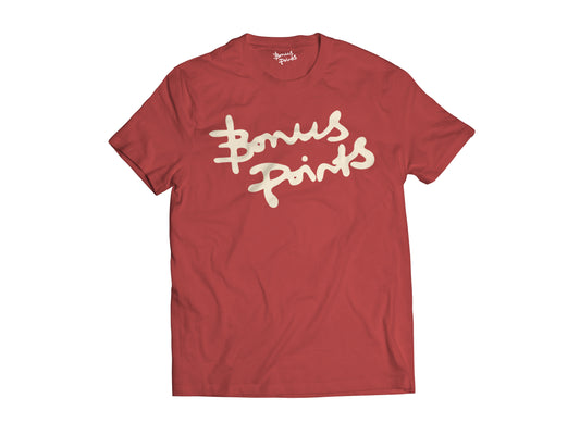 Flat lay of the red bonus points extra credit t-shirt front 