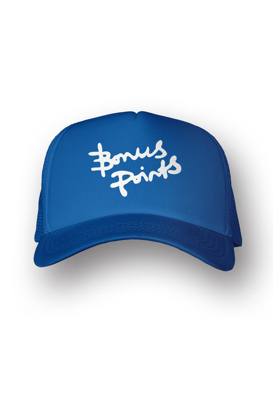 Royal Blue  “Extra Credit” Trucker hat with Bonus points logo in white Puff embroidery across front panel