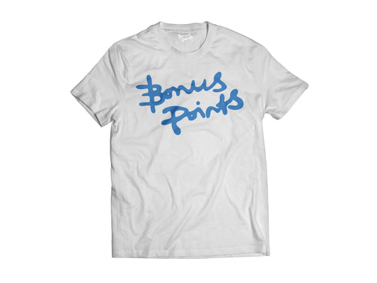 Flat lay of the white and blue bonus points extra credit t-shirt 